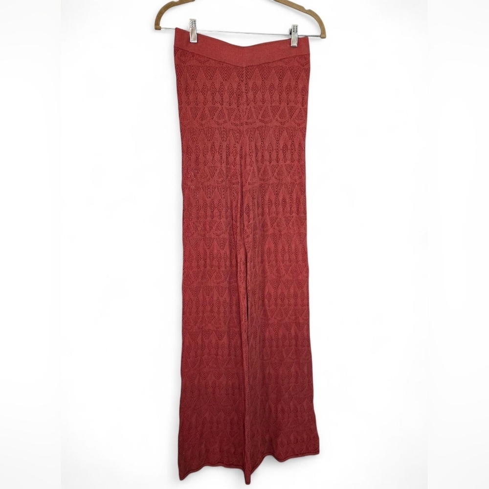 Flat White Anthro Pointelle Knit Crochet Wide Leg Pants Size Small Boho Festival
